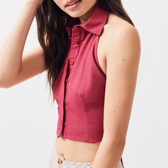 LA Hearts Linen Halter Button Down Crop Top NWT - Picture 3 of 5